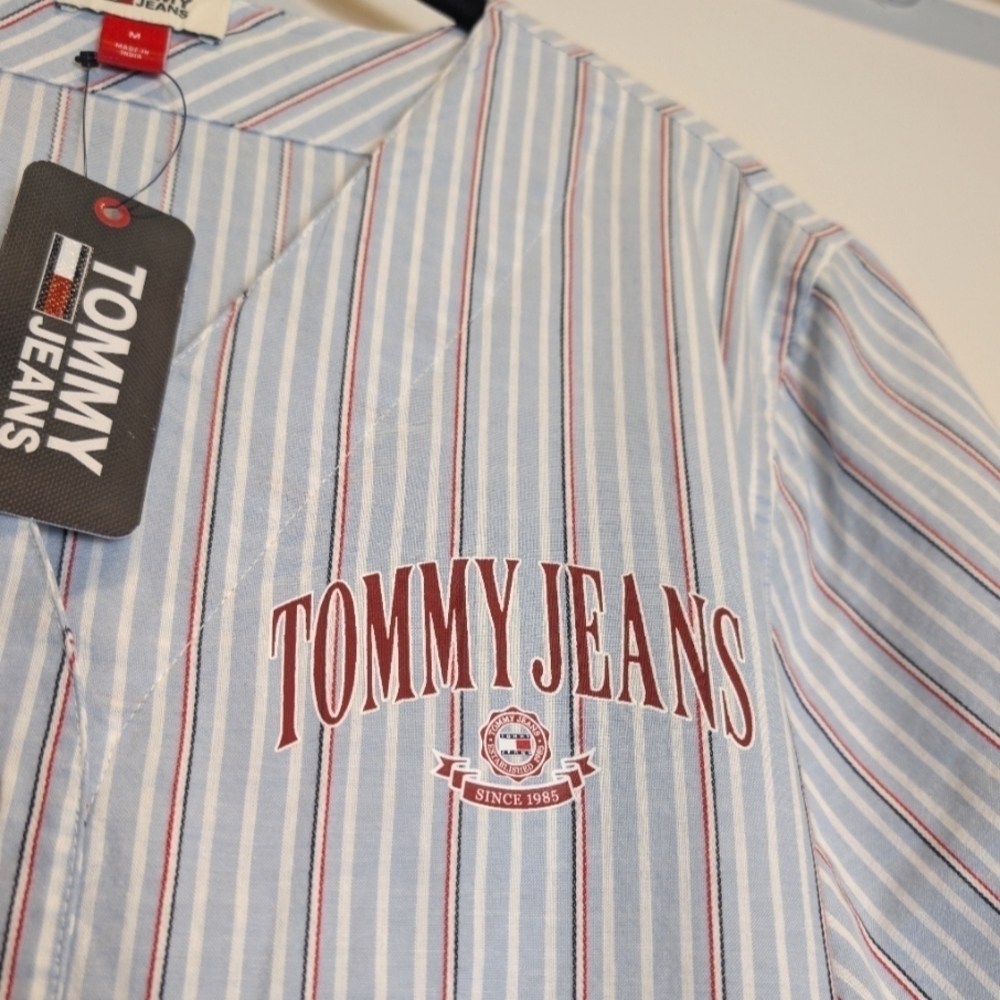 Tommy Jeans Red White Blue Striped Button Down Baseball Shirt Size Medium - Picture 4 of 7